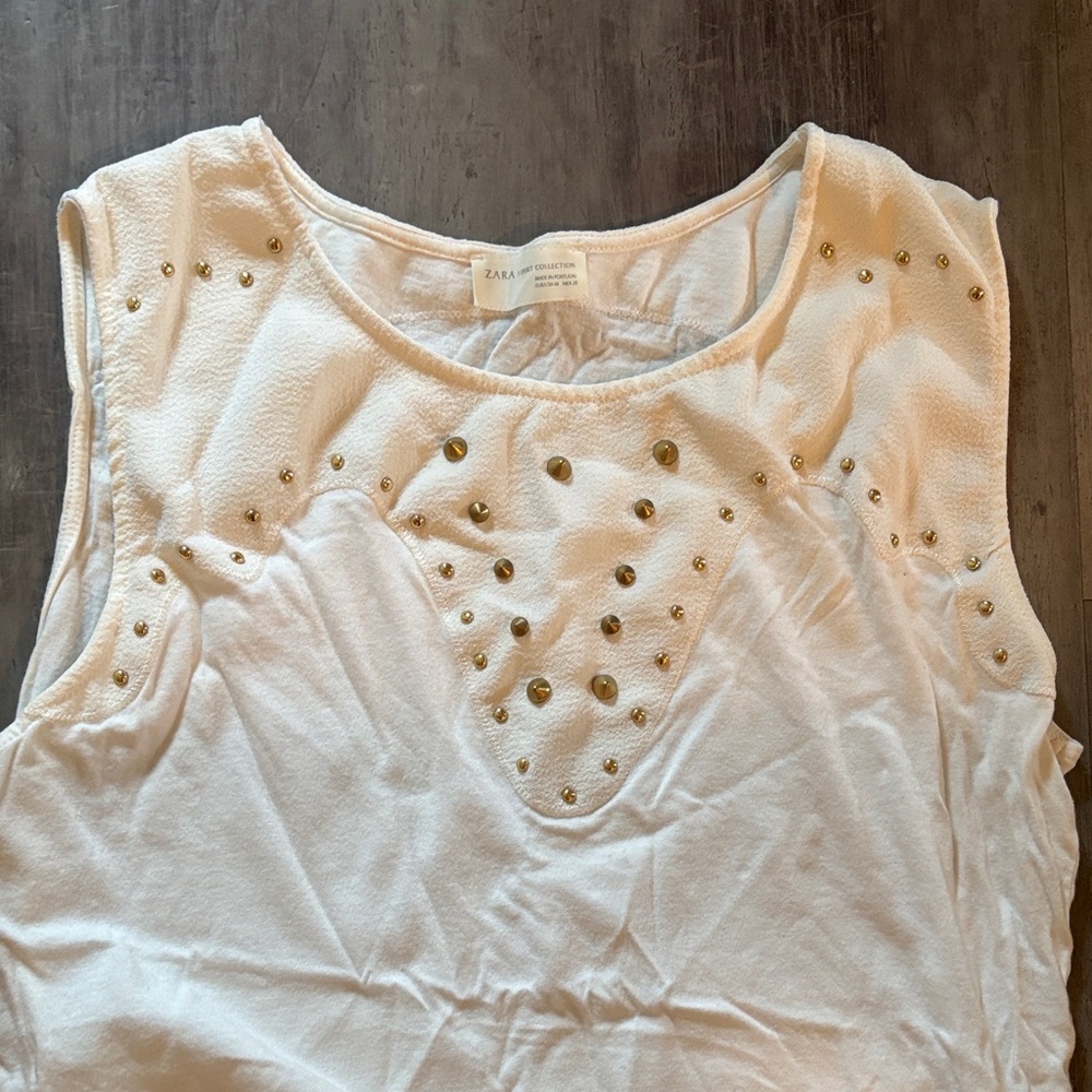Zara White Sleeveless Tank with Gold Stud Accents